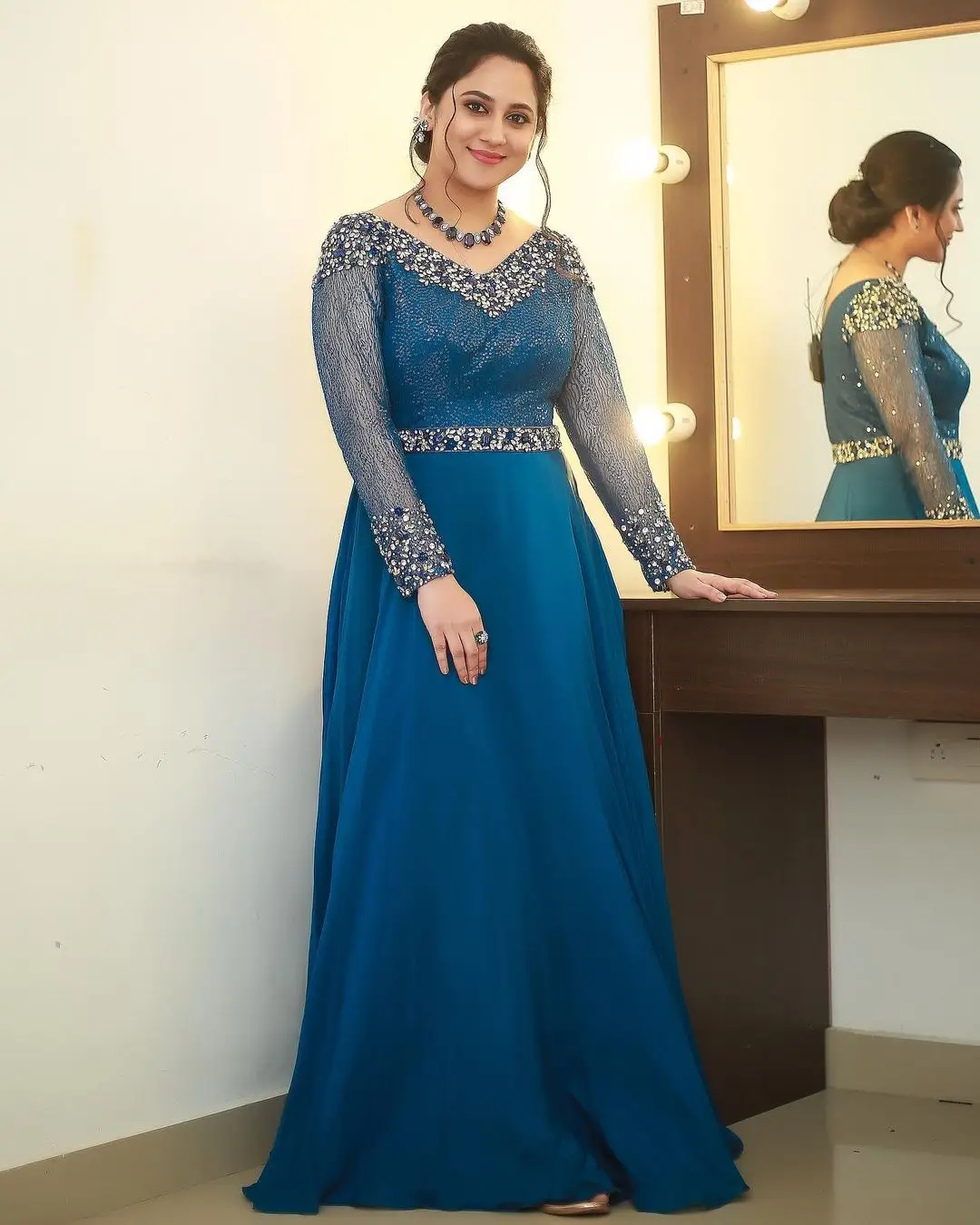 Miya George Wearing Beautiful Earring Jewellery Blue Dress